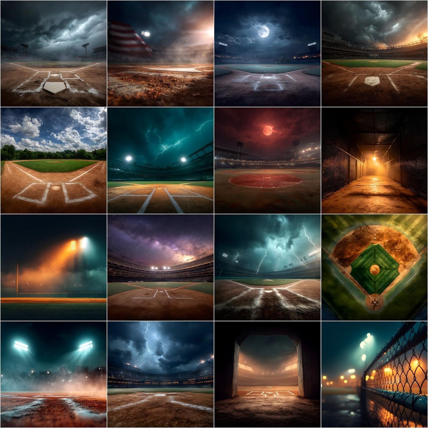 125 cinematic baseball and softball digital backdrops bundle featuring dramatic stadium lights, smoke effects, stormy skies, golden hour fields, rain scenes and lightning for Photoshop sports composite photography