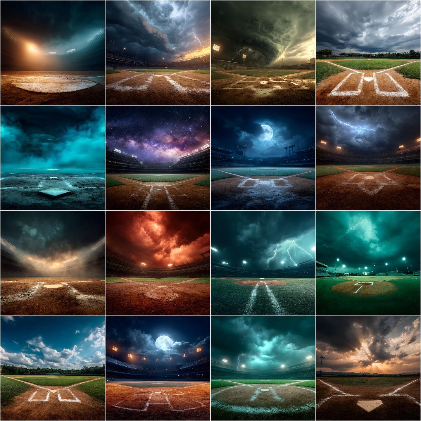 125 cinematic baseball and softball digital backdrops bundle featuring dramatic stadium lights, smoke effects, stormy skies, golden hour fields, rain scenes and lightning for Photoshop sports composite photography