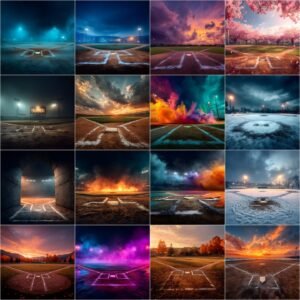 125 cinematic baseball and softball digital backdrops bundle featuring dramatic stadium lights, smoke effects, stormy skies, golden hour fields, rain scenes and lightning for Photoshop sports composite photography