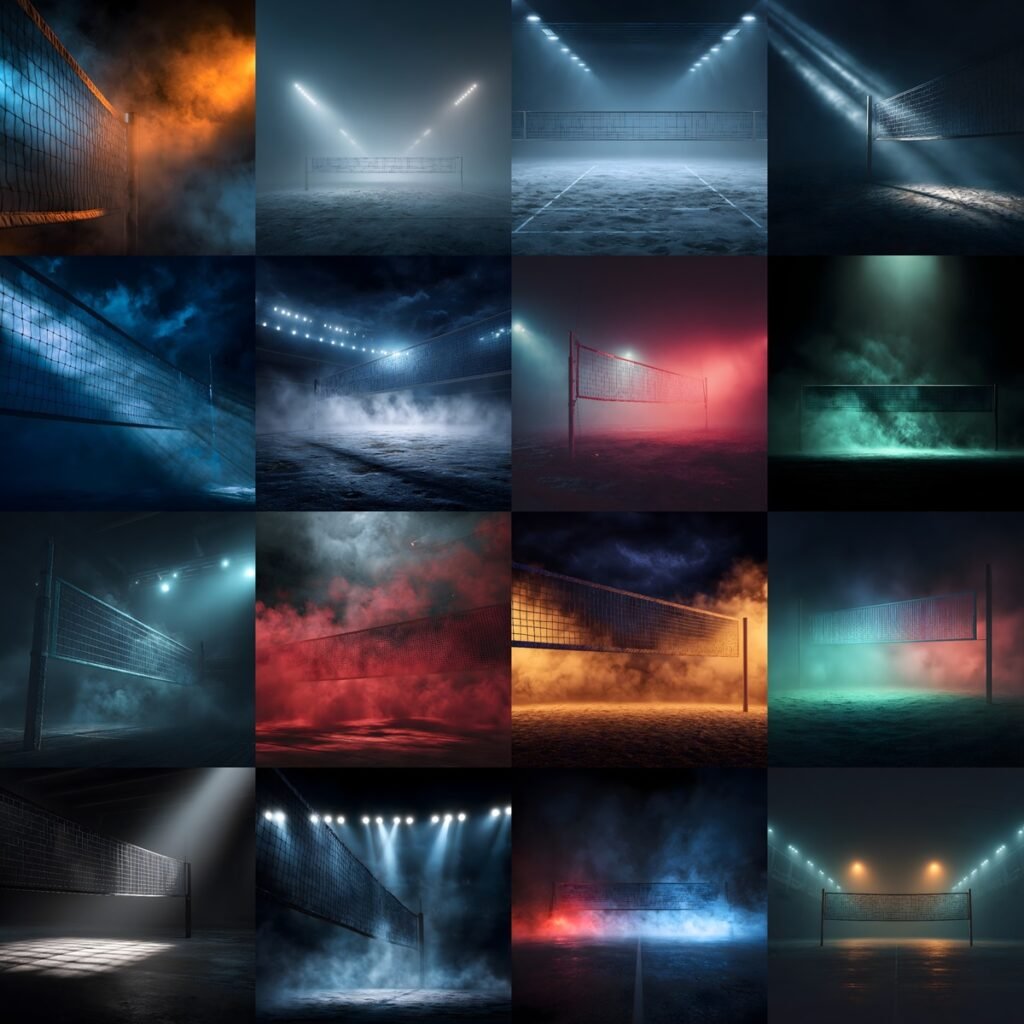 A grid showing 16 different variations of a high-resolution volleyball digital backdrop. Each square features a unique combination of volleyball court, net, dramatic stadium lighting, colorful fog, and smoke effects, ranging from warm oranges to cool blues and misty grays, designed for sports photography composites.