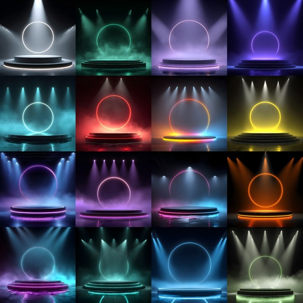 Sports podium spotlight backdrop with smoke and fog, cinematic sports background for athlete posters, senior banners and media day photography