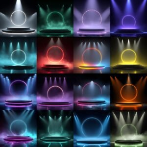 Sports podium spotlight backdrop with smoke and fog, cinematic sports background for athlete posters, senior banners and media day photography