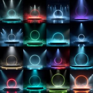 Sports podium spotlight backdrop with smoke and fog, cinematic sports background for athlete posters, senior banners and media day photography